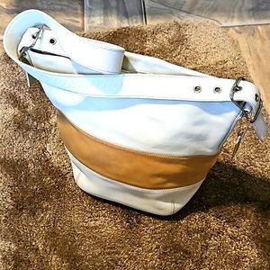 Vtg White & Tan Colorblock Leather Coach Purse Bag  Signature Interior 12x10 EUC